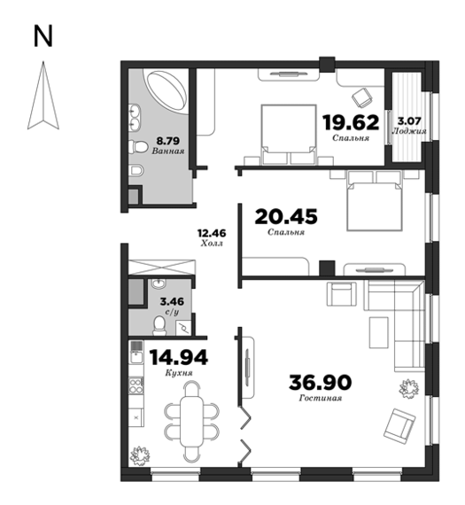 NEVA HAUS, Корпус 2, 3 спальни, 118.16 м² | планировка элитных квартир Санкт-Петербурга | М16